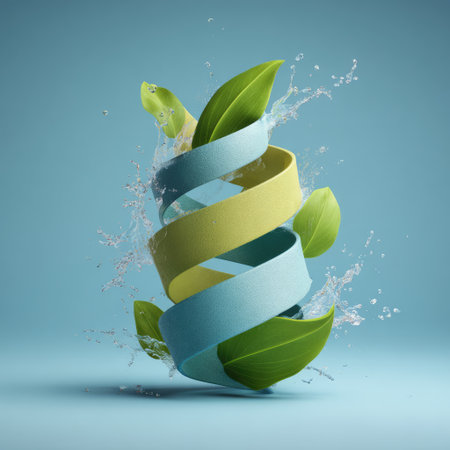 A vibrant composition showcasing colorful ribbons intertwined with fresh leaves, creating a dynamic splash in clear water, representing creativity and nature.の素材