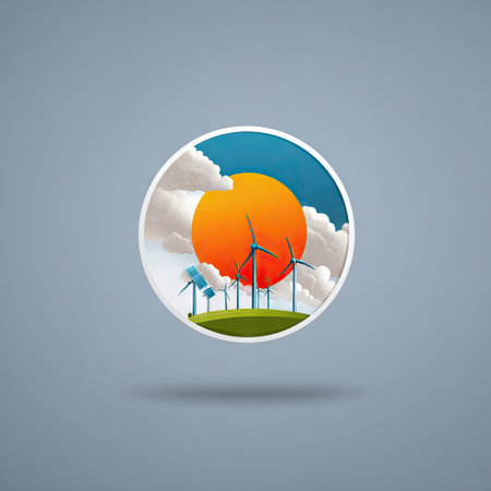 This digital illustration depicts wind turbines on a green hill under a bright orange sun. The minimalist design emphasizes renewable energy and sustainability.の素材