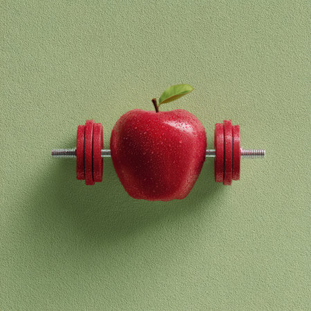 A vivid red apple transforms into a weight, embodying the essence of fitness and healthy living. This imaginative representation highlights nutrition, exercise, and wellness as one cohesive theme.の素材