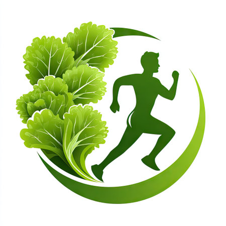 Energetic symbol representing a running figure surrounded by fresh greens, emphasizing a lifestyle focused on health, fitness, and organic nutrition.の素材