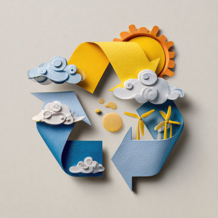 This imaginative paper art representation features a recycling symbol surrounded by elements of nature, including a sun, clouds, and wind turbines, showcasing the theme of sustainability.の素材
