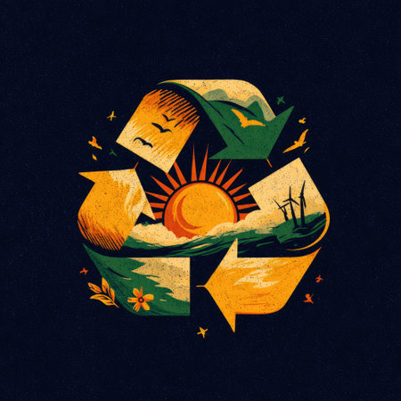This captivating illustration showcases a recycling symbol intertwined with natural elements, featuring a radiant sun, birds, and wind turbines, promoting environmental awareness and sustainability.の素材