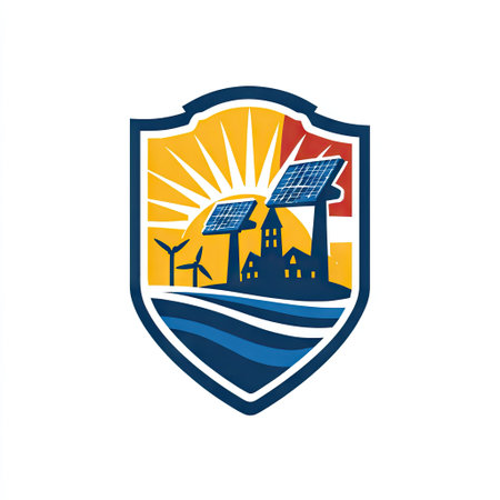 Vibrant emblem showcasing sustainable energy solutions with solar panels and wind turbines over a modern house, reflecting a commitment to eco-friendly practices.の素材