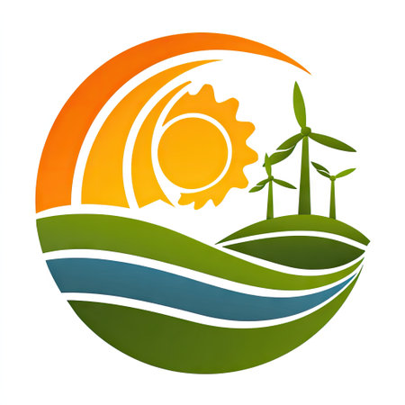 This logo design combines elements of renewable energy and nature, featuring a sun and wind turbines within a circular shape, showcasing sustainability.の素材