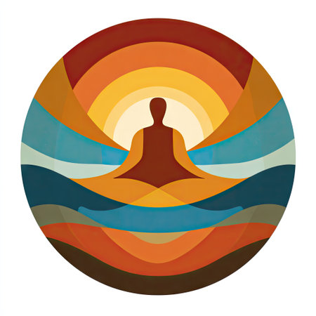 This image features an abstract design of a meditating figure surrounded by colorful waves and concentric circles. The warm tones evoke feelings of peace and tranquility.の素材