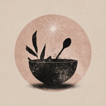 This artistic illustration features a vintage bowl filled with leaves and a spoon, set against a warm, earthy background, showcasing wholesome simplicity and elegance.の素材
