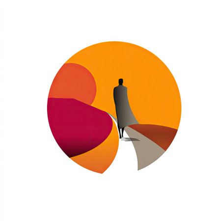 This abstract artwork features a solitary figure within a vibrant circular landscape, showcasing a harmonious blend of warm colors and simple shapes.の素材