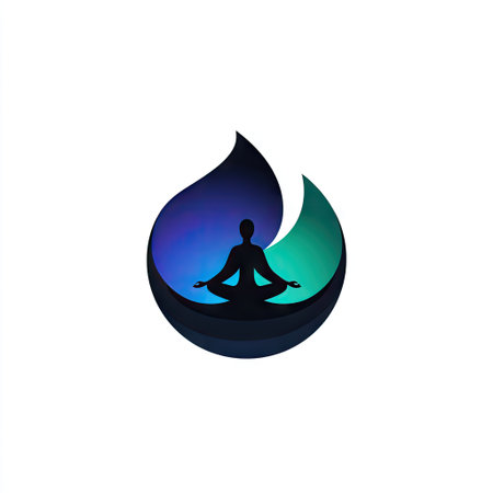 This design features a meditation silhouette surrounded by a colorful flame and ripple, symbolizing tranquility and inner peace, ideal for wellness themes.の素材