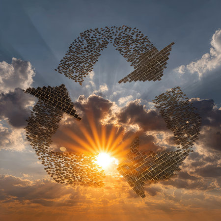 This captivating image depicts sunlight breaking through clouds, forming a recycle symbol made of natural elements, symbolizing sustainability and renewal.の素材