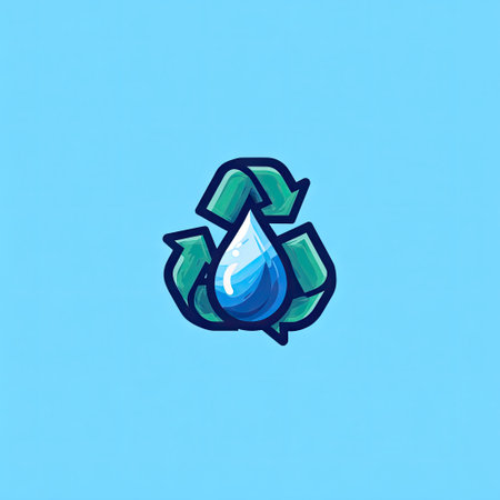 This illustration features a blue water drop encircled by green recycle arrows on a bright blue background, representing water conservation and sustainability.の素材