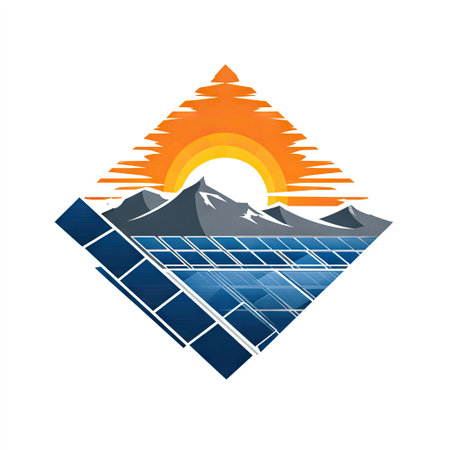 A stunning graphic representation featuring a vibrant sunset behind majestic mountains, complemented by solar panels, symbolizing a sustainable and eco-friendly future.の素材