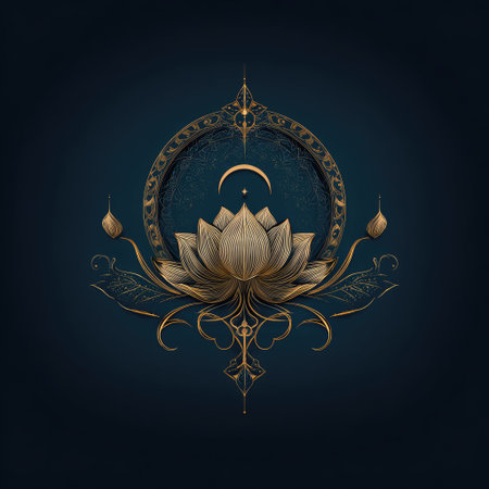 This captivating design features a golden lotus flower surrounded by intricate patterns and a crescent moon. It embodies themes of spirituality, beauty, and tranquility, making it ideal for use in wellness, meditation, and artistic contexts.の素材