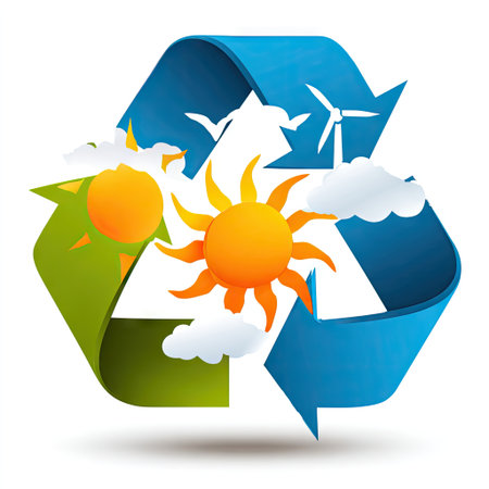 This vibrant illustration showcases a symbolic representation of sustainable energy, featuring sun, clouds, and wind turbines, highlighting environmental awareness.の素材