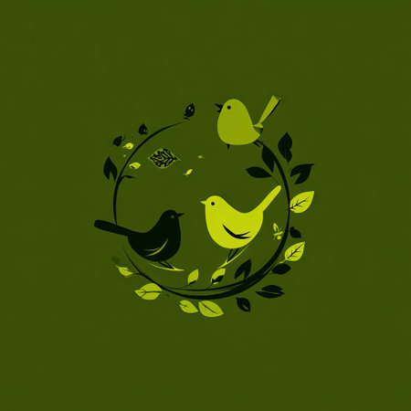 This illustration features three colorful birds nestled among leaves within a circular design, creating a harmonious and tranquil atmosphere.の素材