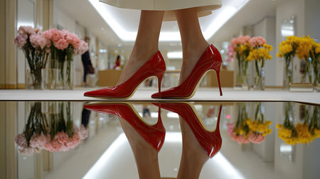 A captivating scene featuring a pair of red high heels worn by a woman in a chic boutique, reflecting beautifully on the polished floor, surrounded by vibrant flowers.の素材