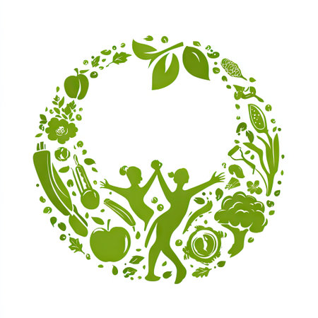 This vibrant circular design showcases silhouettes of an adult and child joyfully surrounded by fresh organic produce and green leaves, symbolizing wellness and sustainability.の素材