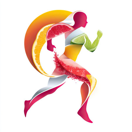 A vibrant illustration of a running figure creatively combined with fruit elements, symbolizing health, vitality, and active lifestyle choices. Perfect for wellness themes.の素材