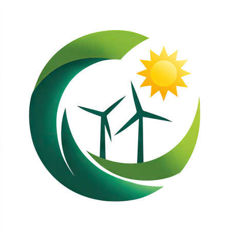 This graphic represents green energy concepts featuring wind turbines, a sun, and leaf elements. It embodies eco-friendly power solutions and sustainability.の素材