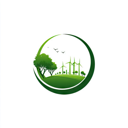 This image depicts an eco-friendly concept featuring wind turbines and lush green trees within a circular design, symbolizing sustainability and harmony with nature.の素材
