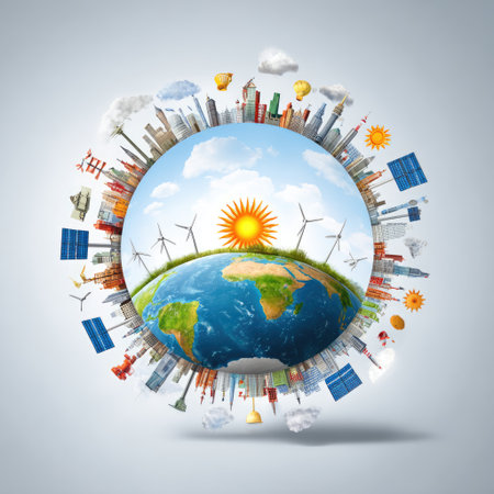 This vibrant illustration depicts Earth surrounded by symbols of sustainability and urban life, showcasing a blend of technology, nature, and renewable energy sources.の素材