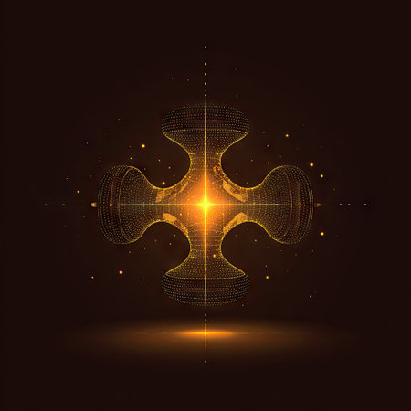 This striking abstract image features a golden shape composed of dots and lines, set against a dark background. It symbolizes modern technology and digital innovation.の素材