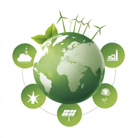 A creative representation of a green Earth showcasing renewable energy concepts, including wind turbines and solar panels, symbolizing sustainability.の素材