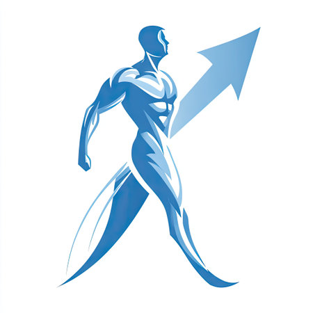 This image features a dynamic human figure illustrated in blue, symbolizing growth and progress through an upward arrow. Effective for motivational themes.の素材