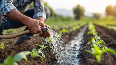 A dedicated farmer waters young green plants in a sunlit agricultural field, showcasing the importance of nurturing crops in a sustainable environment.の素材