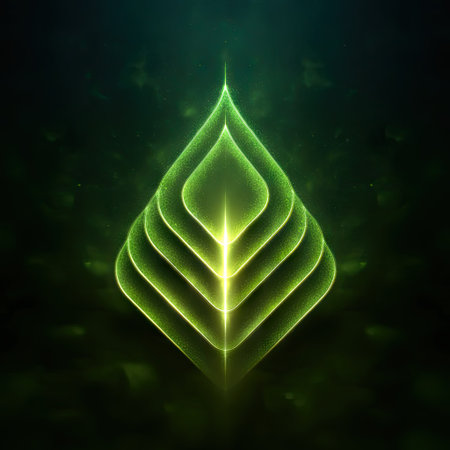 Stunning glowing green leaf symbol against a dark background, ideal for eco-friendly themes, nature-related designs, or modern artistic projects.の素材
