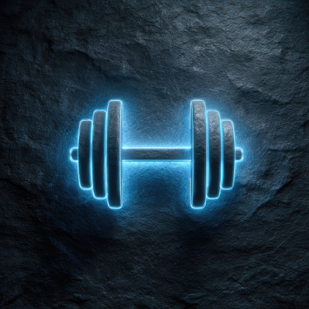 A glowing dumbbell icon, radiating blue light against a dark stone background, perfect for fitness and exercise themes in digital projects.の素材