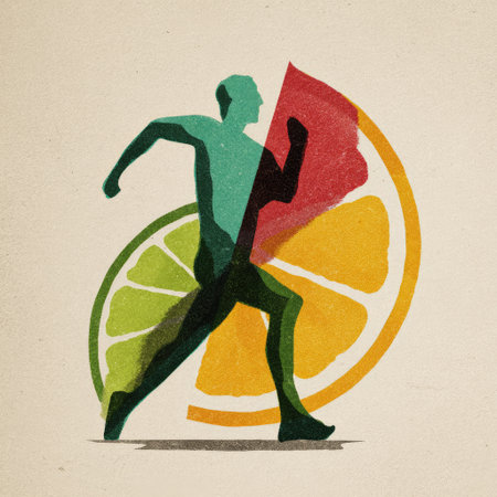 This artistic illustration depicts a running figure, combining elements of citrus fruits to convey energy and motion. The vibrant colors reflect vitality and fitness.の素材