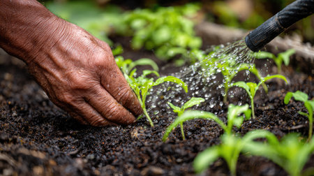 A hands-on approach to gardening, showcasing the intricate process of watering young seedlings in moist, nutrient-rich soil, emphasizing growth and care.の素材