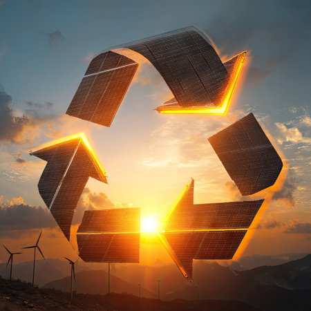 This captivating image combines solar panels and wind turbines, symbolizing renewable energy potential under a stunning sunset.の素材