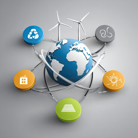 A creative visual representation of a globe surrounded by various icons symbolizing renewable energy and sustainable practices, promoting eco-friendly solutions.の素材