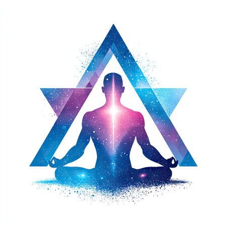 A serene silhouette engaged in meditation is set against a vibrant cosmic background with geometric shapes, symbolizing balance and inner peace.の素材