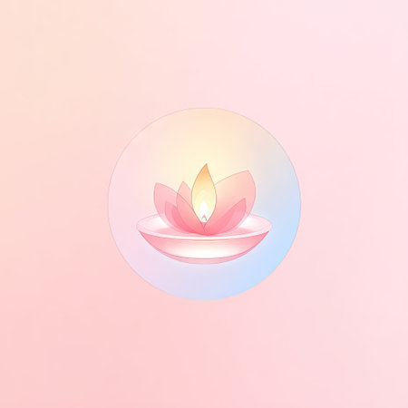 A serene image featuring a pink lotus flower with a candle within, set against a soft pastel background. Ideal for themes of meditation, tranquility, and spiritual wellness.の素材