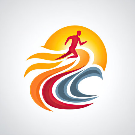 This striking illustration features a dynamic silhouette of a runner set against a vibrant sunset, with stylized waves symbolizing energy and motion, perfect for sports themes.の素材