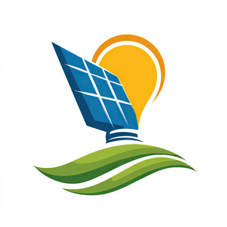 This graphic presents a creative logo concept combining a solar panel, sun, and green landscape elements, representing innovation in sustainable energy solutions.の素材