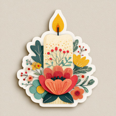 This charming illustration features a candle surrounded by vibrant flowers, creating a warm and inviting atmosphere. Perfect for home dの素材
