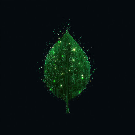 This image features a vibrant green leaf designed with intricate glowing circuitry patterns against a dark background, symbolizing the fusion of technology and nature.の素材