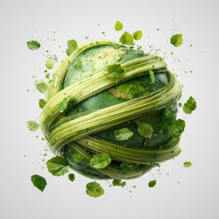 A captivating concept illustration depicting the earth wrapped in green leaves and stripes, emphasizing the importance of nature preservation and sustainability.の素材