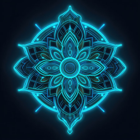 This stunning neon mandala features intricate designs in vibrant blue and aqua hues, perfect for various artistic and spiritual applications.の素材