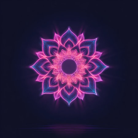 Discover a stunning neon lotus flower mandala design with vibrant colors and intricate patterns, perfect for artistic and spiritual themes on dark backgrounds.の素材