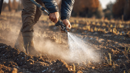 A dedicated farmer uses a spray hose to irrigate dry soil in an agricultural field, ensuring proper moisture for crop growth during warm weather.の素材