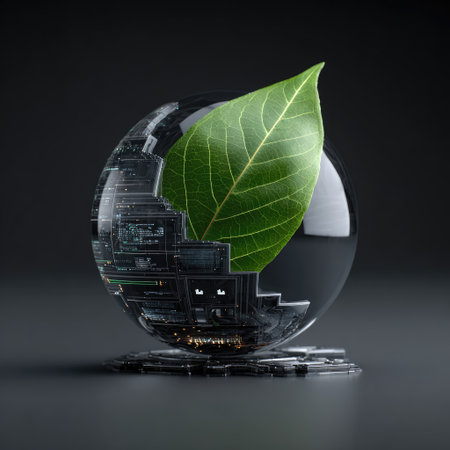 This striking image blends technology with nature, showcasing a vibrant green leaf on a glossy globe, symbolizing sustainability and innovation in a modern world.の素材