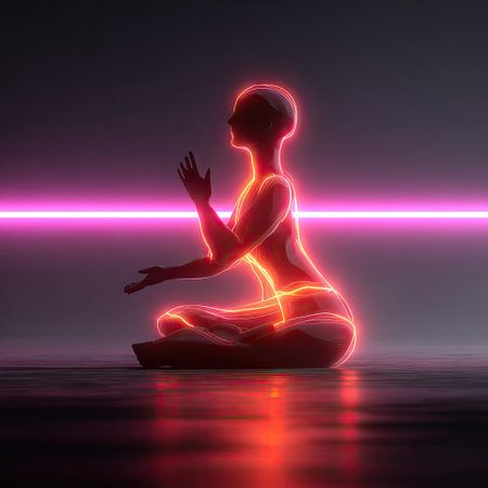The image showcases a meditative figure surrounded by a glowing neon light, conveying a sense of peace and tranquility amidst a modern artistic backdrop.の素材