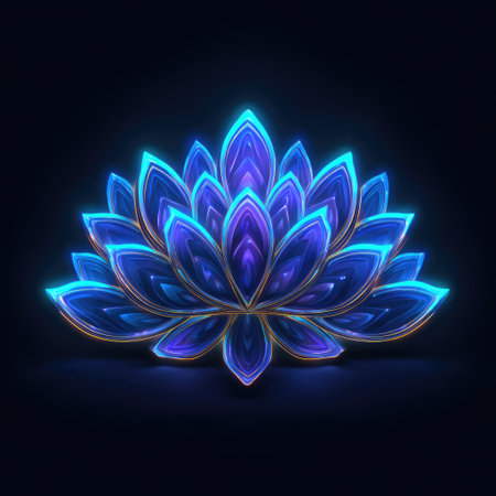This captivating image features a vibrant abstract lotus flower design with glowing petals in blue and purple colors, set against a dark background.の素材