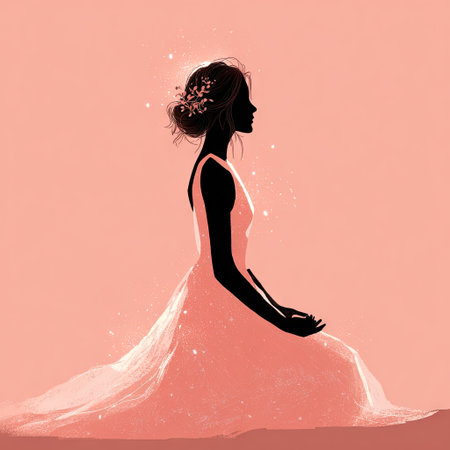 This artwork features an elegant silhouette of a woman in a flowing dress set against a soft pink background, capturing a sense of grace and beauty.の素材