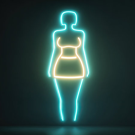 This striking neon silhouette of a woman, set against a dark background, embodies modern minimalist aesthetics and can enhance contemporary design themes.の素材