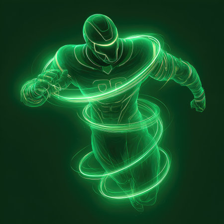 An energetic and vibrant digital illustration of a futuristic athlete in motion, enveloped in glowing light trails. The artwork showcases dynamic athleticism and creativity, capturing the essence of speed and performance in a visually striking manner.の素材